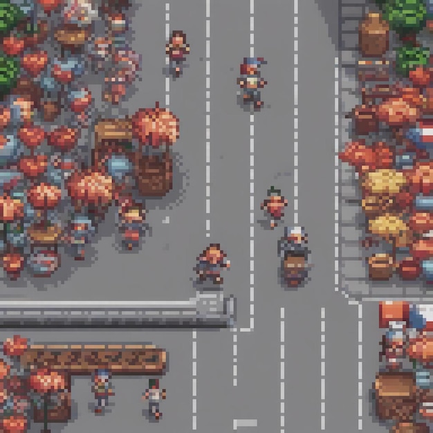 Photo pixel art street scene with bustling crowd