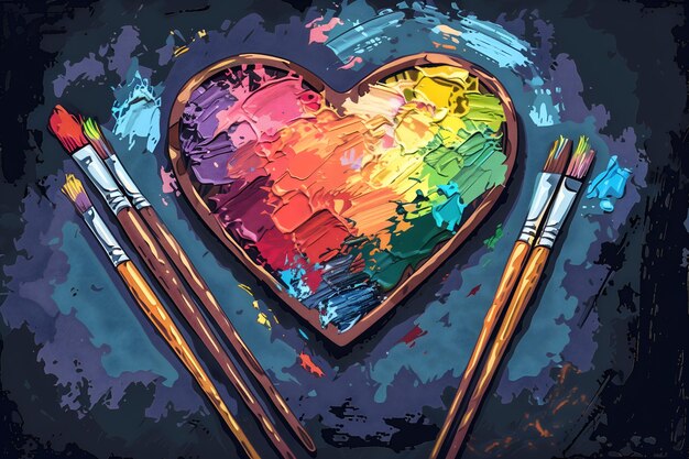 A pixel art style heartshaped palette with paintbrushes