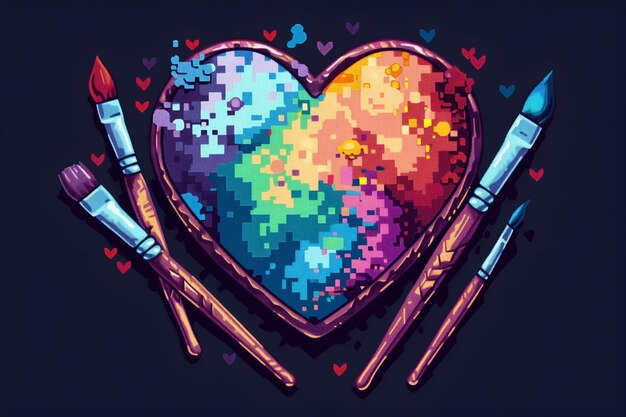 A pixel art style heartshaped palette with paintbrushes