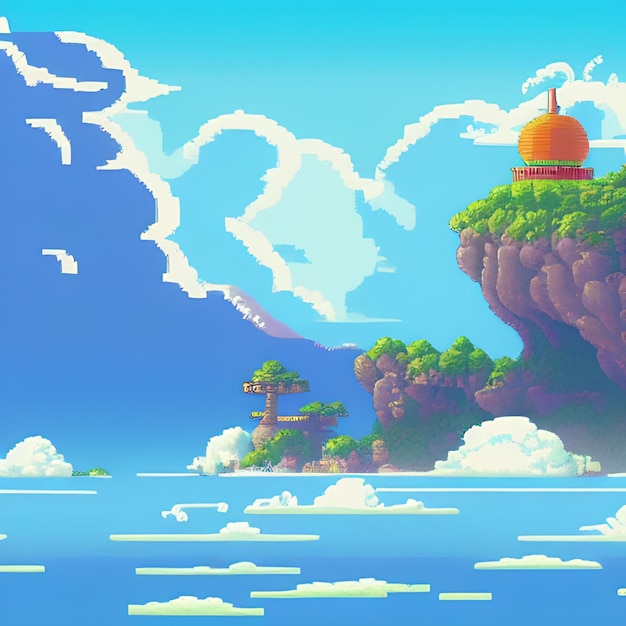 A pixel art style landscape with a dome on top of a cliff.