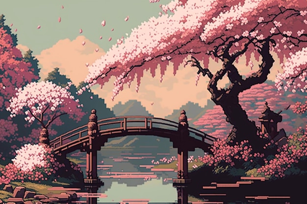 A pixel art style scene of a bridge over a river with a bridge and flowers.