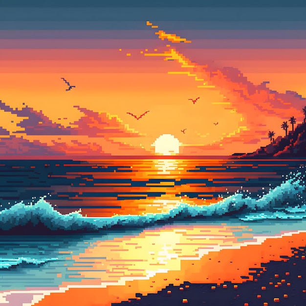 A pixel art style sunset on the beach with a wave crashing against the shore.