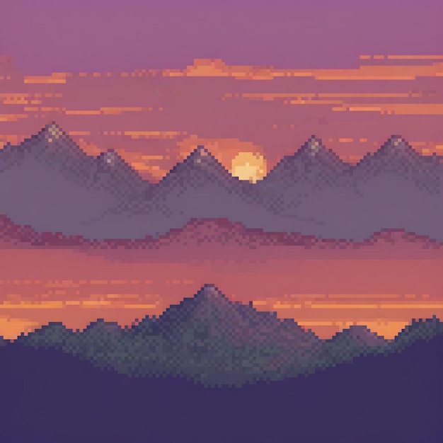 Photo pixel art sunset with majestic mountains