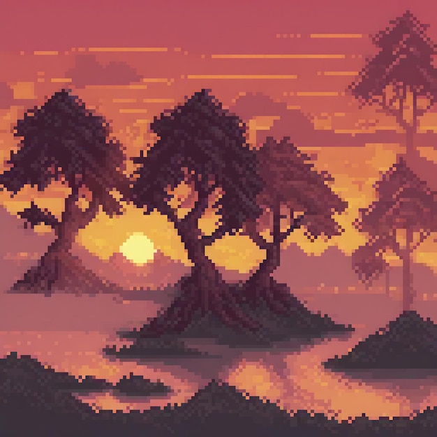 Photo pixel art sunset with trees perfect for digital art lovers