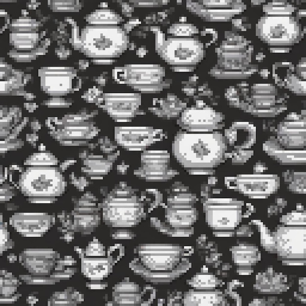 Photo pixel art teapots and cups in black and white perfect for retroinspired home decor