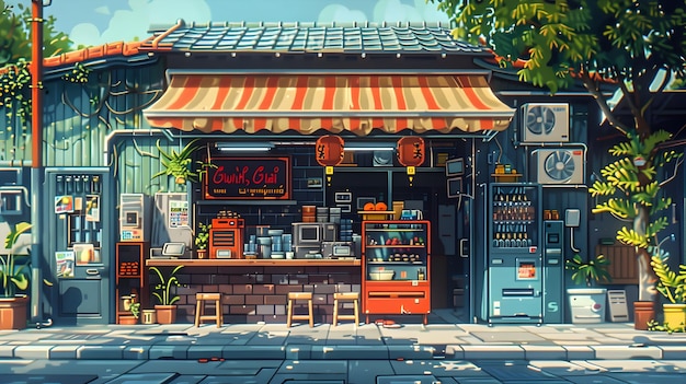 Pixel Art Thai Street Food Scene Capturing Classic Video Game Aesthetics