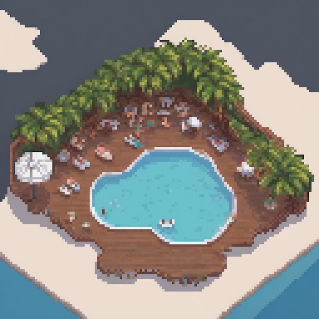 Photo pixel art of a tropical island oasis with a serene swimming pool and lush palm trees