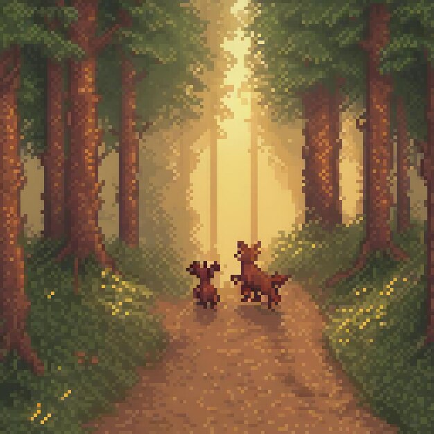 Pixel art of two dogs joyfully running in a lush forest