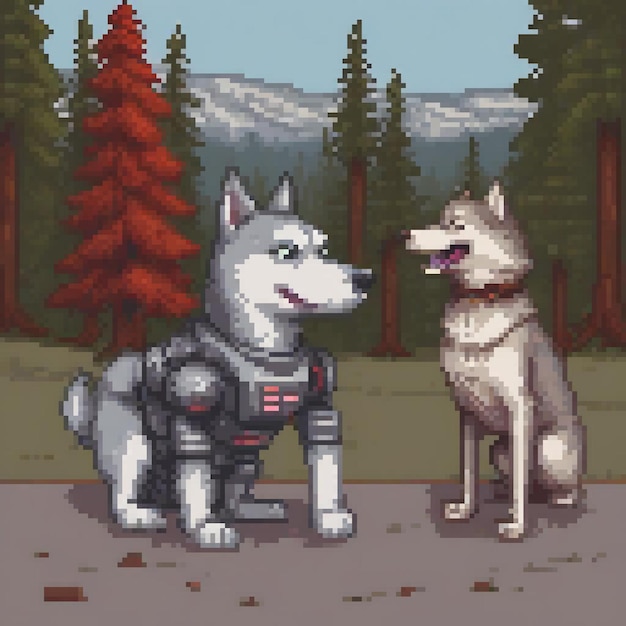 Photo pixel art of two playful husky dogs exploring a serene woodland