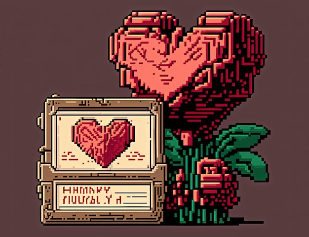 Pixel art Valentine's Day card with gift and heart background in retro and 8 bit style Generative A