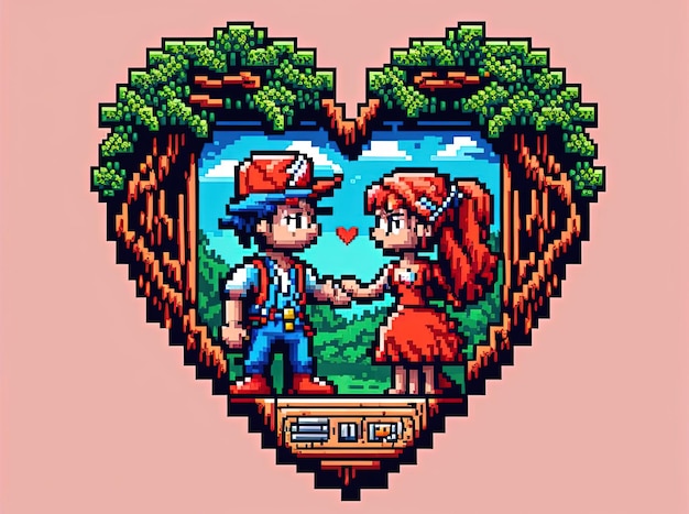 Pixel art valentine's day frame with heart background in retro and 8 bit style Generative AI