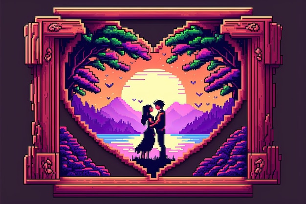 Pixel art valentine's day frame with heart background in retro and 8 bit style Generative AI