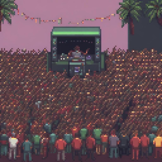 Photo pixel art of a vibrant crowd at a live concert on stage