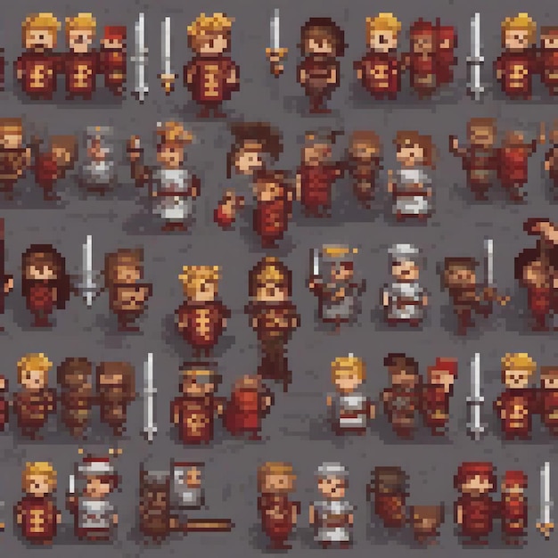 Pixel art warriors with swords and shields ready for battle