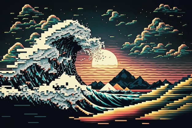 Pixel art of a wave and the sunset