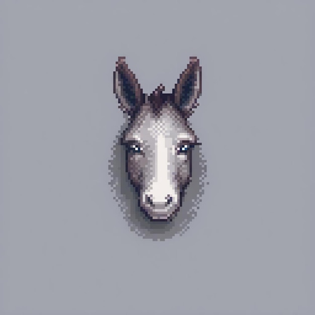 Photo pixel art of a whimsical donkey head against a muted gray backdrop