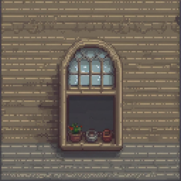 Photo pixel art window with a charming potted plant