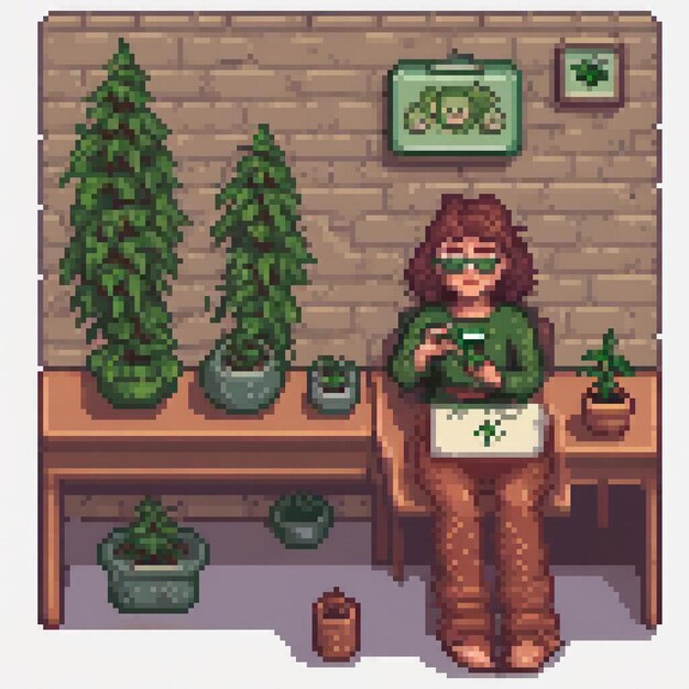 Pixel art of a woman working at a table with a laptop