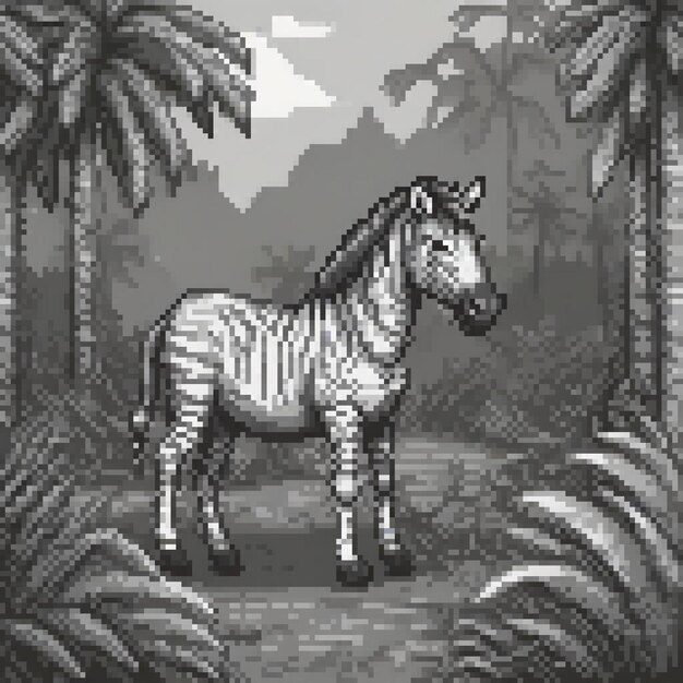 Pixel art zebra in a lush forest setting