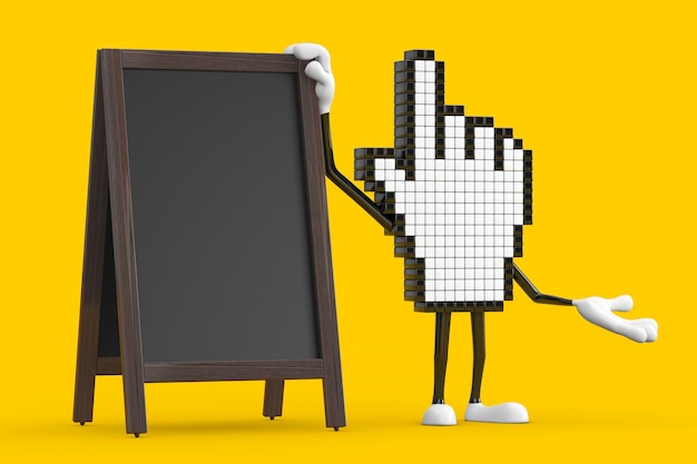 Pixel Hand Cursor Mascot Person Character with Blank Wooden Menu Blackboards Outdoor Display 3d Rendering