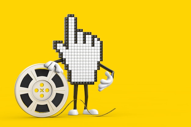 Pixel Hand Cursor Mascot Person Character with Film Reel Cinema Tape 3d Rendering