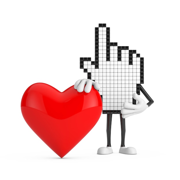 Pixel Hand Cursor Mascot Person Character with Red Heart 3d Rendering