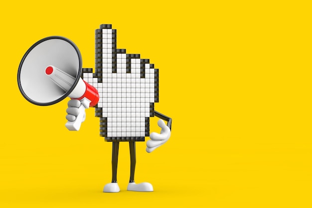 Pixel Hand Cursor Mascot Person Character with Red Retro Megaphone 3d Rendering