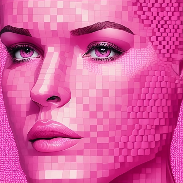 A pixel pattern of a woman with a pink background with a pink square pattern