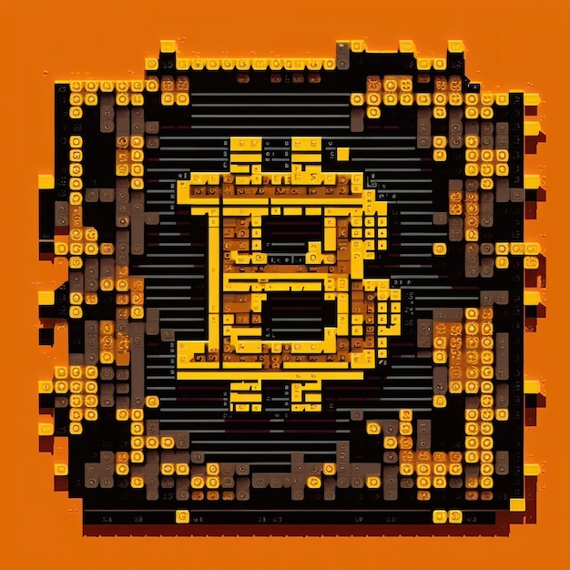 Pixelated bitcoin on an orange background Generative AI