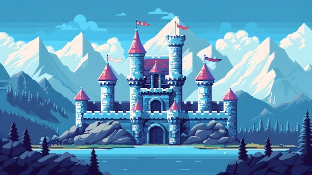 Pixelated Castle Exterior in Retro 8Bit Fantasy Game Landscape