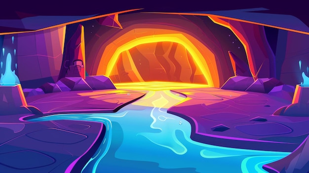 Photo a pixelated cave entrance with a glowing river leading towards a fiery portal