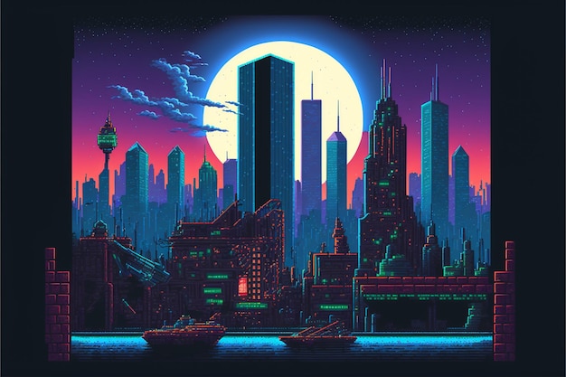 Pixelated cityscape moonrise night detailed design