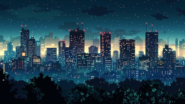 A pixelated cityscape at night with a starry sky