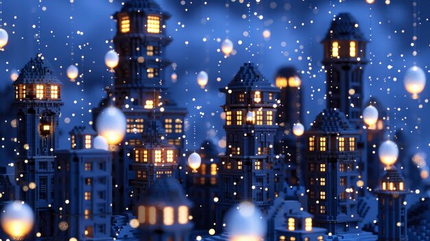 Photo pixelated cityscape with floating lanterns and snowfall