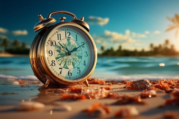 Pixelated clock on beach background showcases time management in a tranquil setting