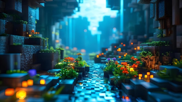 Pixelated lush forest path with glowing plants in deep blue cave perfect for fantasy game background