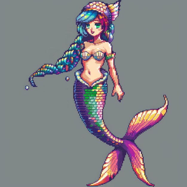 Photo pixelated mermaid with vibrant colors and flowing hair