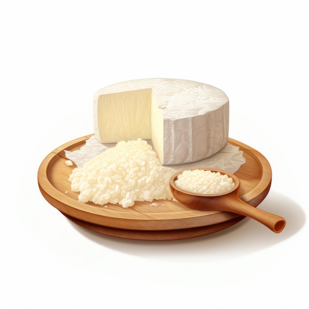 Pixelated Realism Cotija Cheese on Wooden Board with Spoon