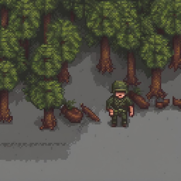 Pixelated soldier traverses a mystical forest showcasing classic art style