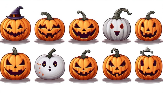 Pixelated Spooky Halloween Pumpkins Icons Set collection of 8bit pixel art spooky Halloween pumpkin faces Game design assets Graphic art 8 bit illustration isolated symbols