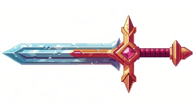 Photo pixelated sword with red gem and gold accents