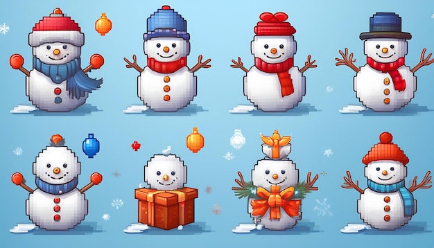 Photo pixelated winter new year icons 16 bit pixel art collection with winter elements for game snowman gift boxes game design assets graphic art 8 bit illustration isolated christmas symbols