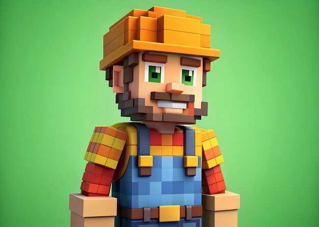 Pixelated Worker Character with Hard Hat