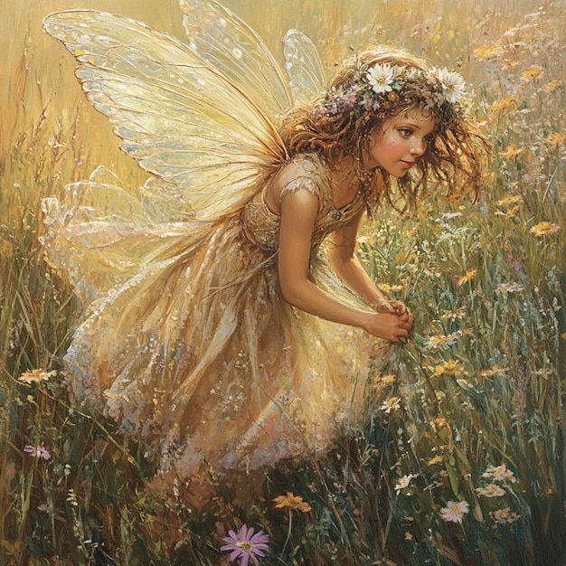 A pixie with gossamer wings collecting dewdrops