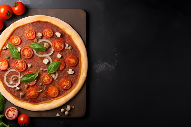 Pizza around the black board top view copy space background Banner design