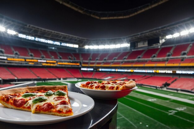 Photo pizza on the background of a large football stadium d rendering