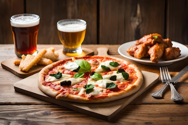 A pizza and beer on a table with beer glasses