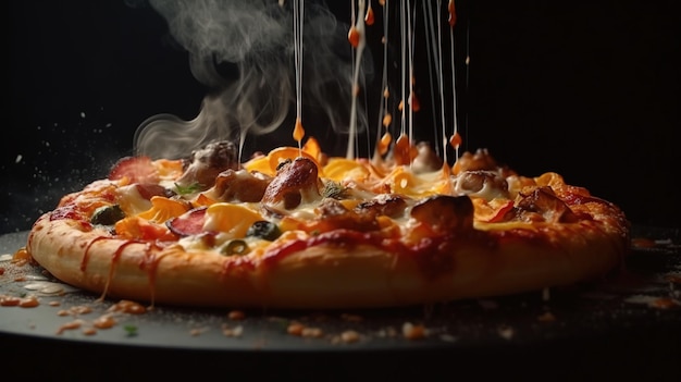 A pizza being cooked on a black tray