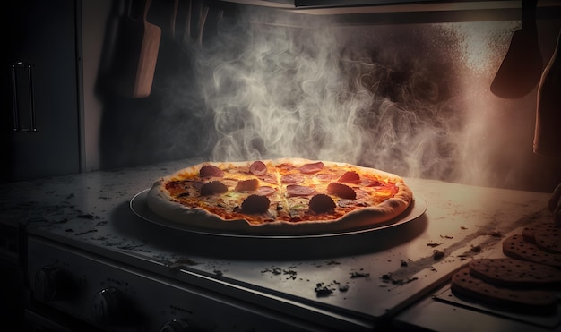 A pizza being cooked in an oven with smoke coming out of it