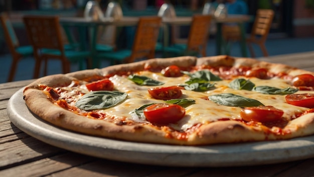 A pizza being enjoyed al fresco at a sidewalk cafe rea